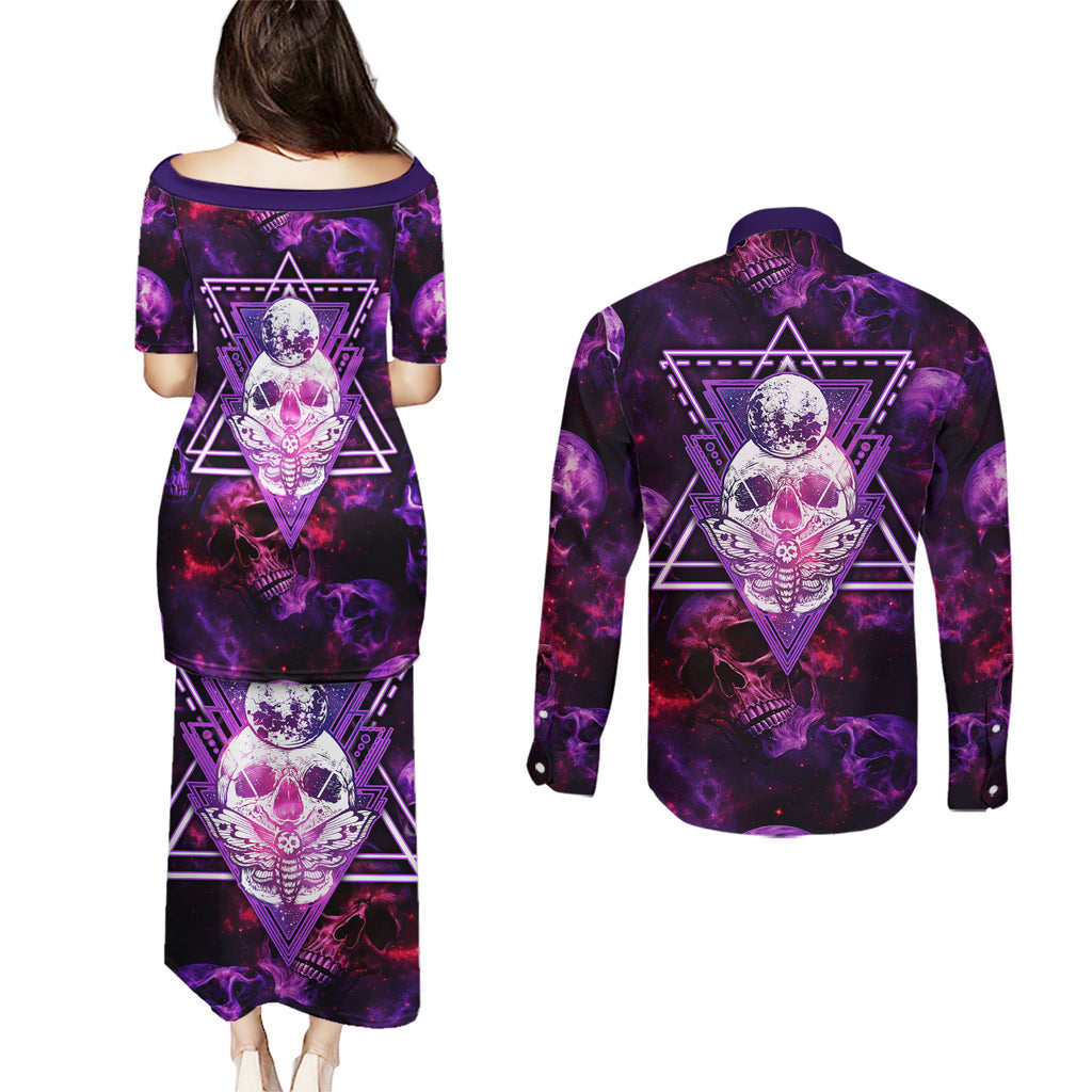 skull-and-moth-couples-matching-puletasi-dress-and-long-sleeve-button-shirts-fantasy-cosmic-abstract-grunge-purple-art