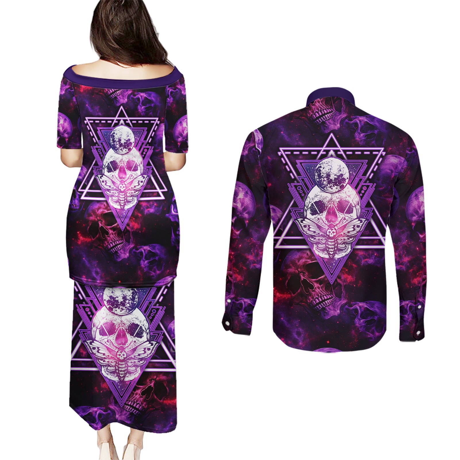 skull-and-moth-couples-matching-puletasi-dress-and-long-sleeve-button-shirts-fantasy-cosmic-abstract-grunge-purple-art