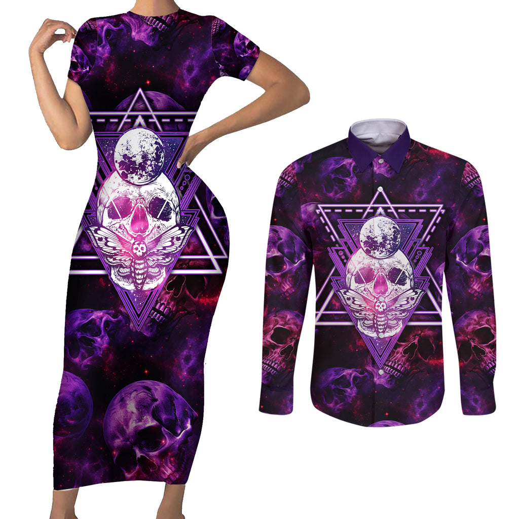 skull-and-moth-couples-matching-short-sleeve-bodycon-dress-and-long-sleeve-button-shirts-fantasy-cosmic-abstract-grunge-purple-art