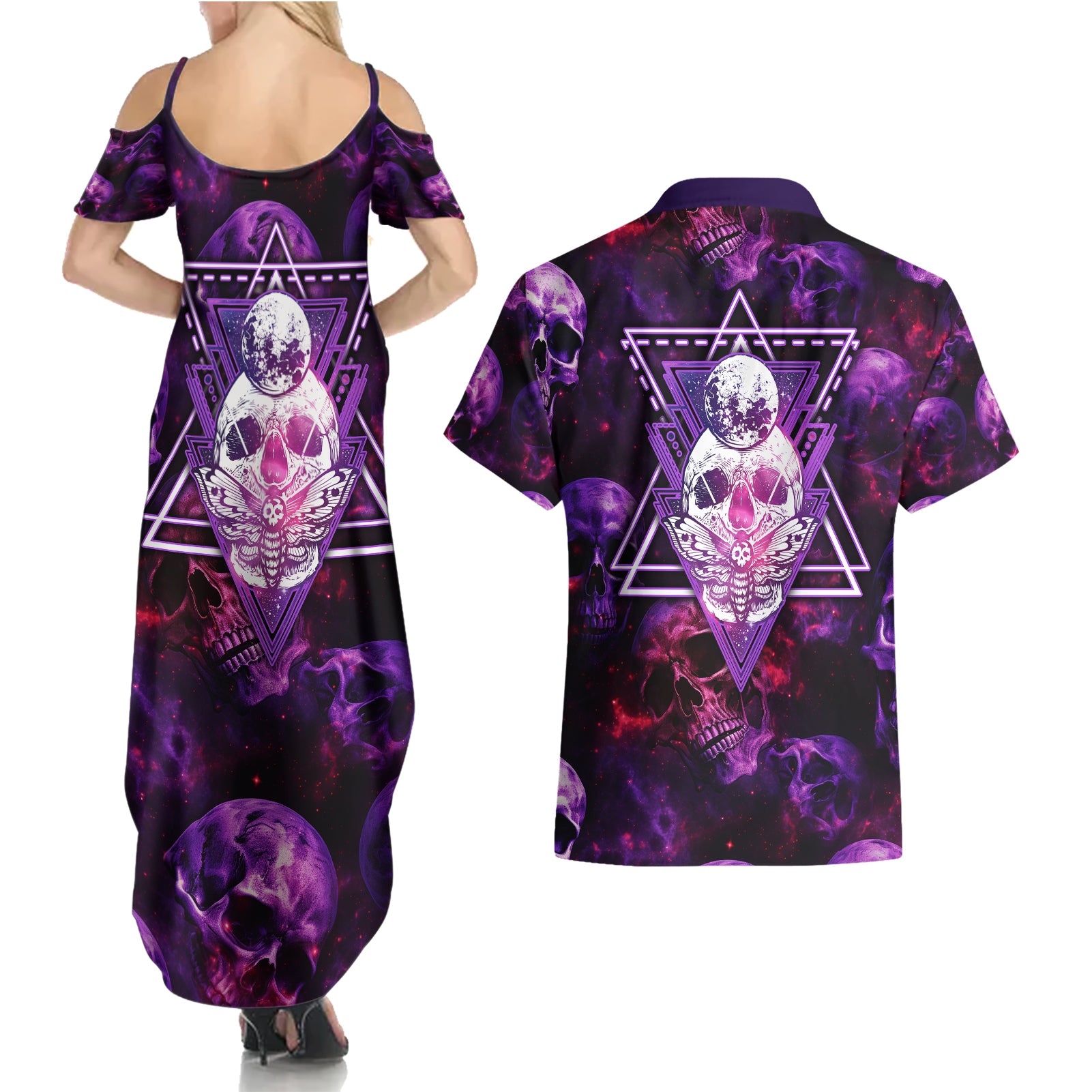skull-and-moth-couples-matching-summer-maxi-dress-and-hawaiian-shirt-fantasy-cosmic-abstract-grunge-purple-art