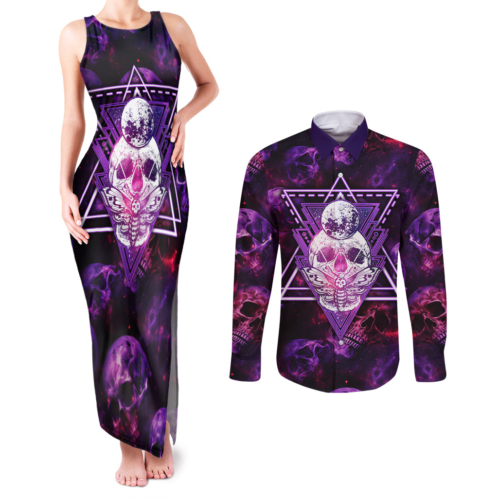skull-and-moth-couples-matching-tank-maxi-dress-and-long-sleeve-button-shirts-fantasy-cosmic-abstract-grunge-purple-art