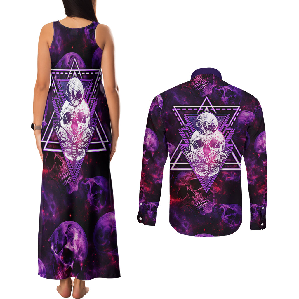 skull-and-moth-couples-matching-tank-maxi-dress-and-long-sleeve-button-shirts-fantasy-cosmic-abstract-grunge-purple-art