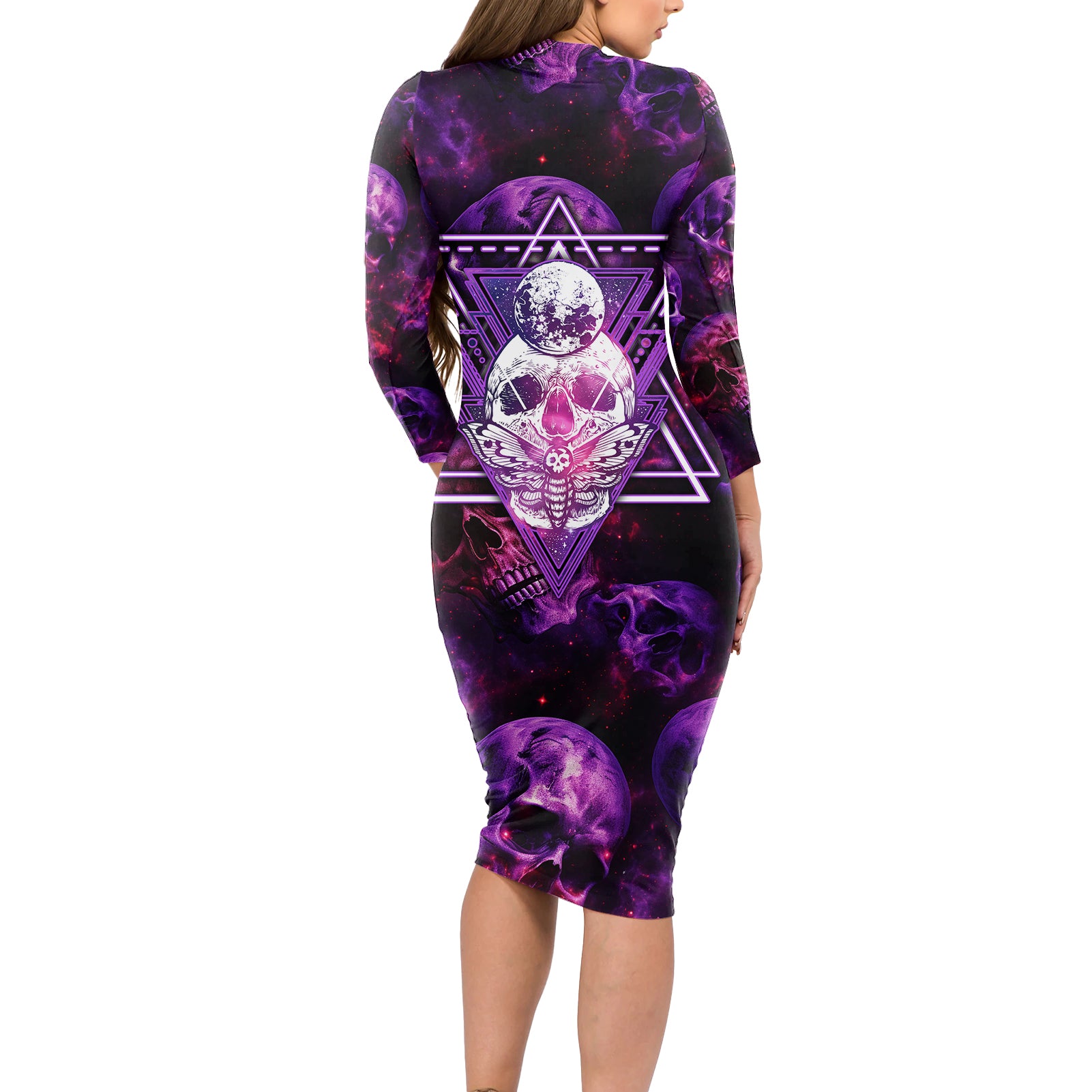 skull-and-moth-long-sleeve-bodycon-dress-fantasy-cosmic-abstract-grunge-purple-art