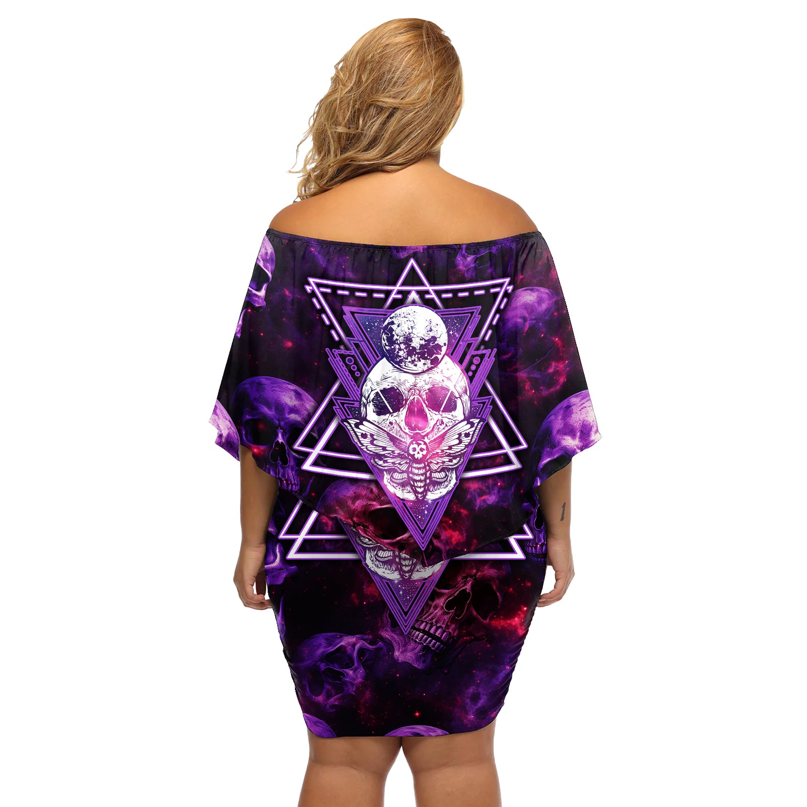skull-and-moth-off-shoulder-short-dress-fantasy-cosmic-abstract-grunge-purple-art