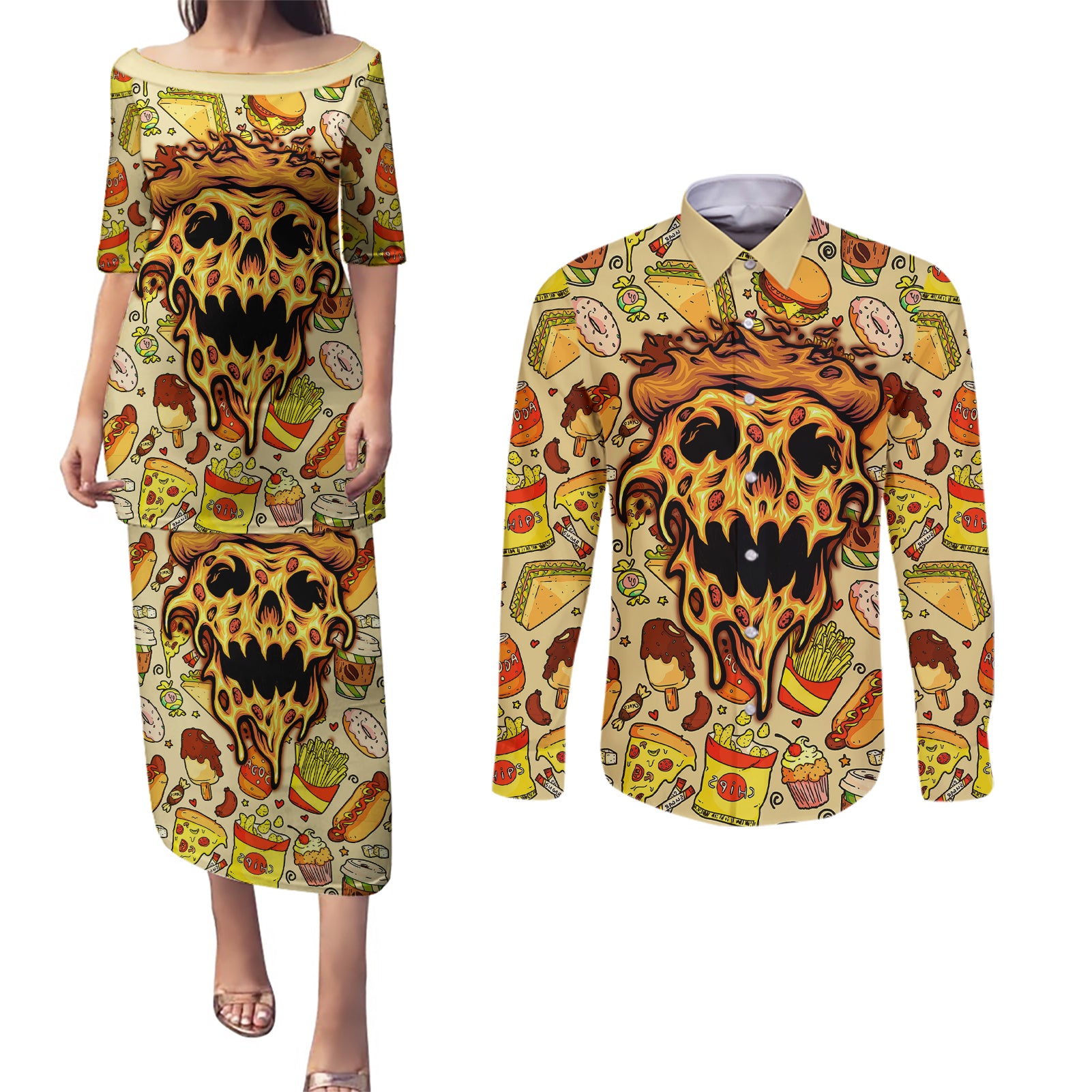 skull-pizza-pattern-couples-matching-puletasi-dress-and-long-sleeve-button-shirts-rest-in-pizza