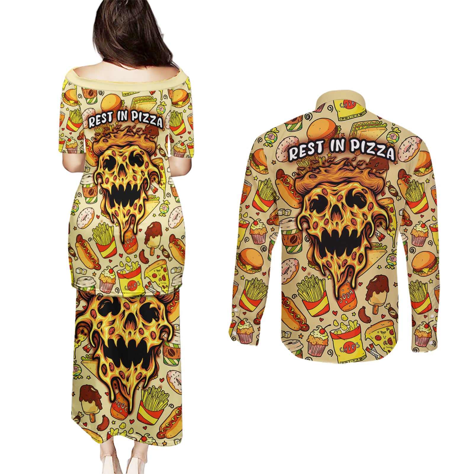 skull-pizza-pattern-couples-matching-puletasi-dress-and-long-sleeve-button-shirts-rest-in-pizza