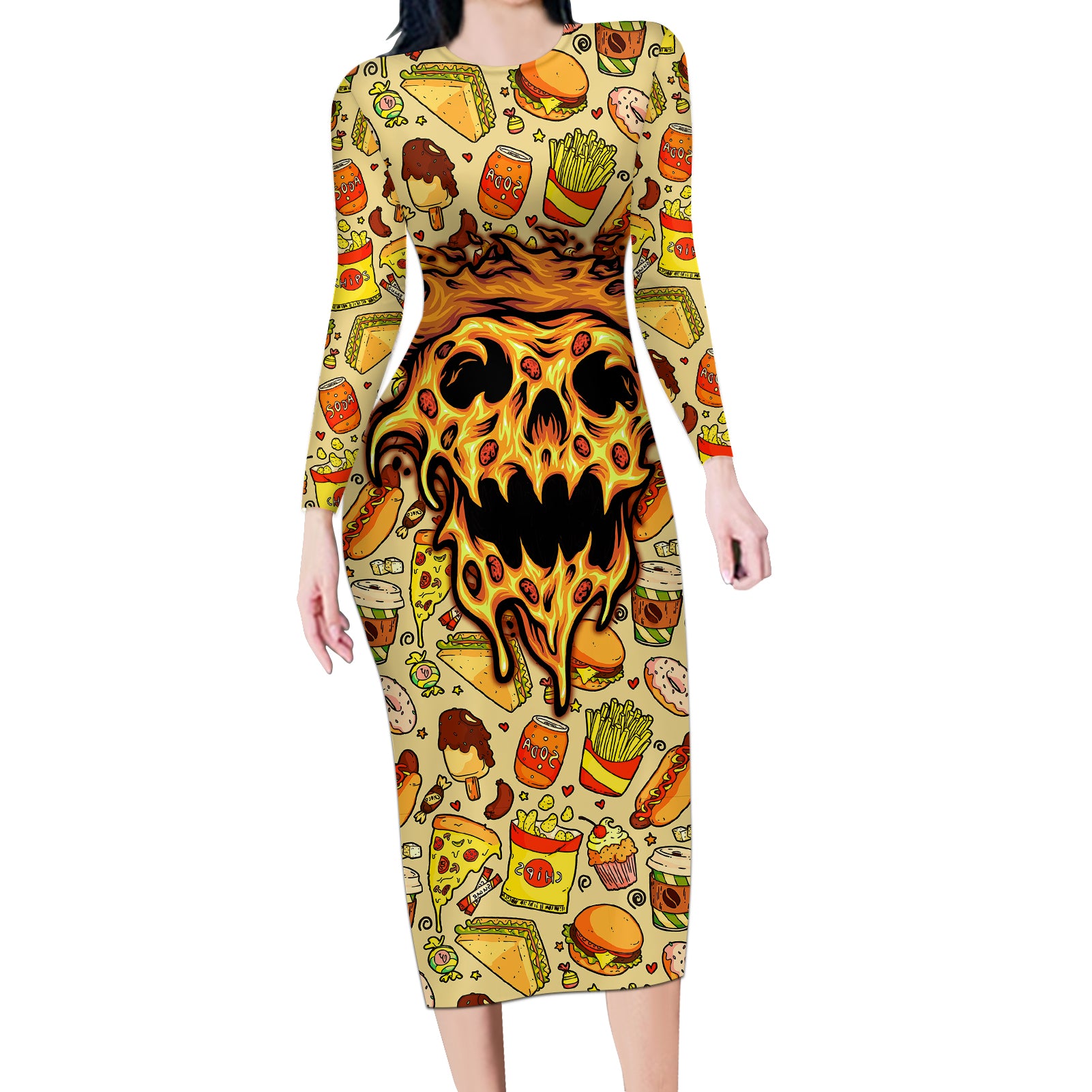 skull-pizza-pattern-long-sleeve-bodycon-dress-rest-in-pizza