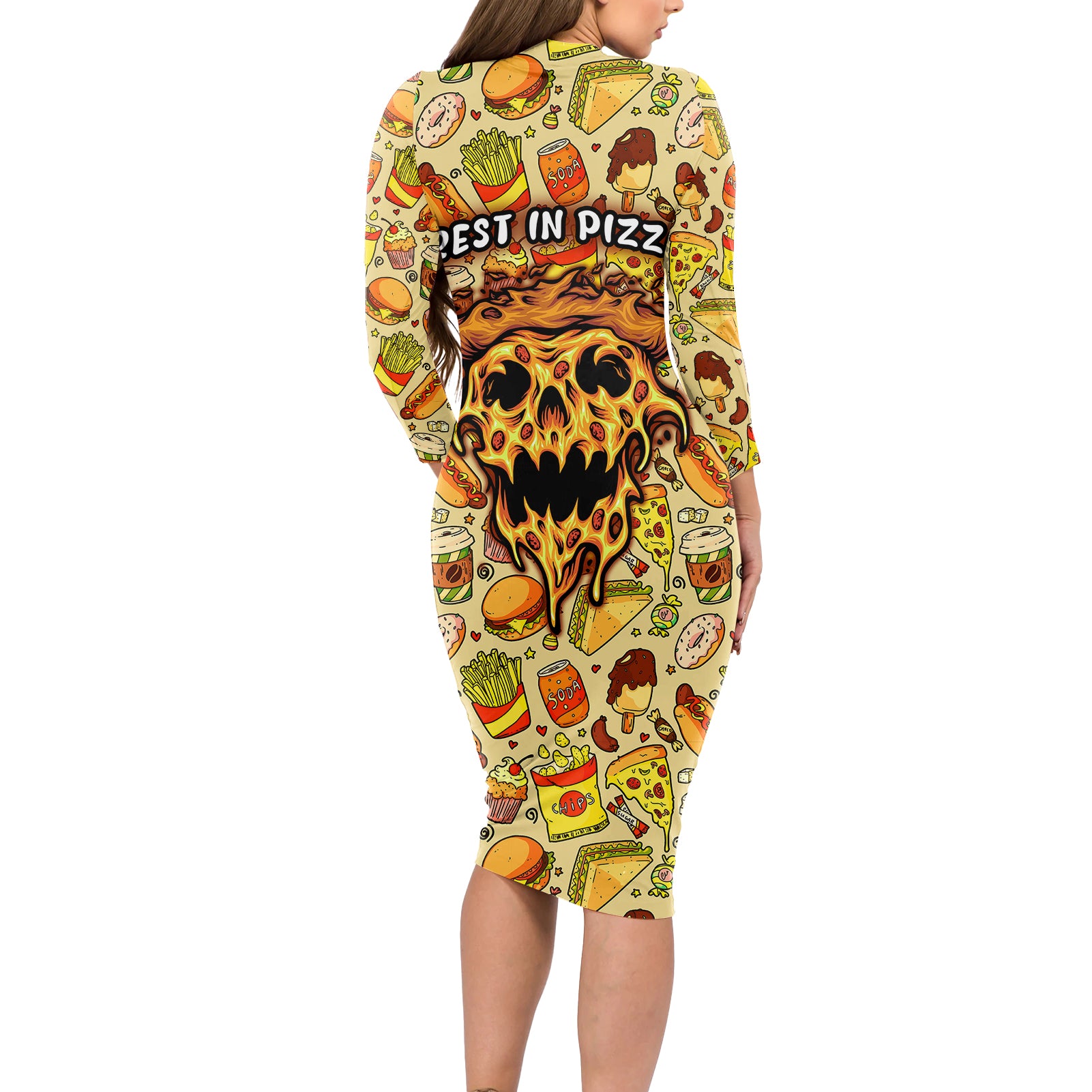 skull-pizza-pattern-long-sleeve-bodycon-dress-rest-in-pizza
