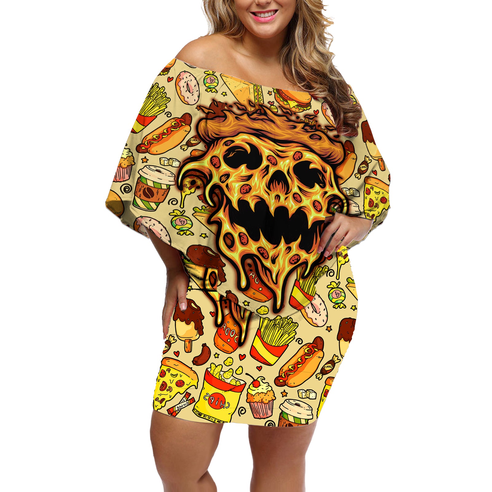 skull-pizza-pattern-off-shoulder-short-dress-rest-in-pizza