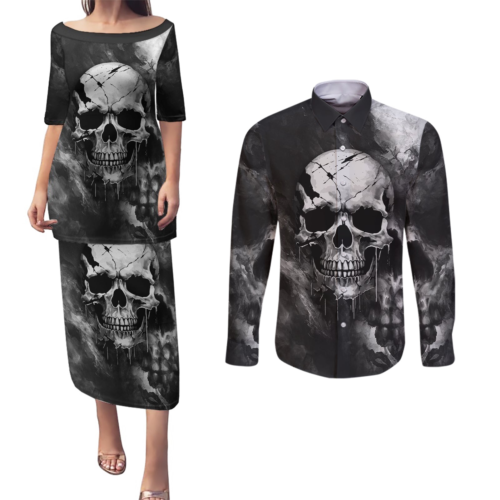 skull-grunge-pattern-couples-matching-puletasi-dress-and-long-sleeve-button-shirts-warning-im-an-asshole