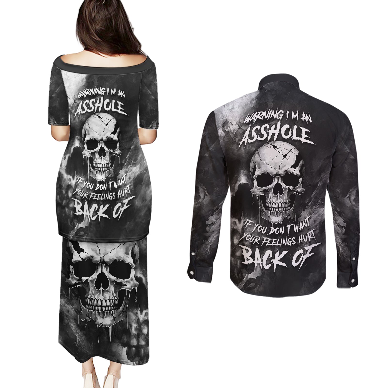 skull-grunge-pattern-couples-matching-puletasi-dress-and-long-sleeve-button-shirts-warning-im-an-asshole