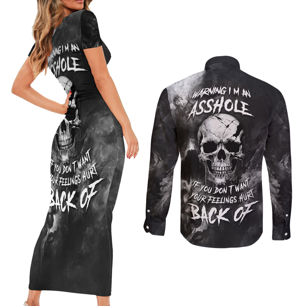 skull-grunge-pattern-couples-matching-short-sleeve-bodycon-dress-and-long-sleeve-button-shirts-warning-im-an-asshole
