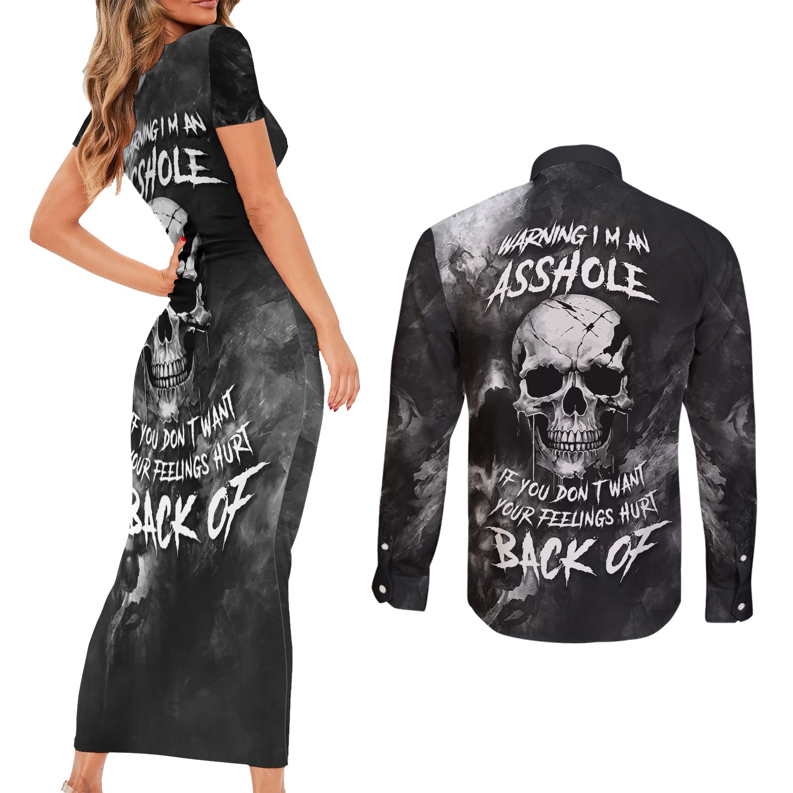 skull-grunge-pattern-couples-matching-short-sleeve-bodycon-dress-and-long-sleeve-button-shirts-warning-im-an-asshole