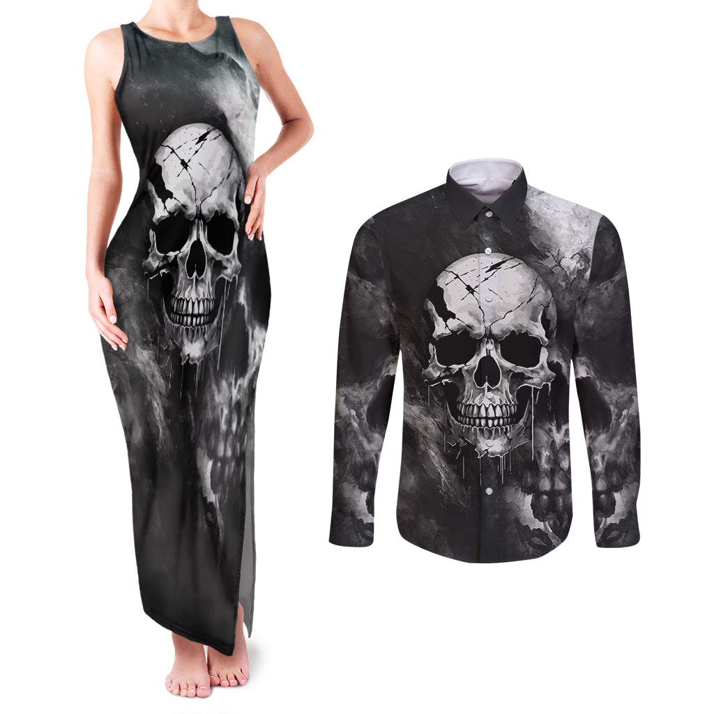 skull-grunge-pattern-couples-matching-tank-maxi-dress-and-long-sleeve-button-shirts-warning-im-an-asshole