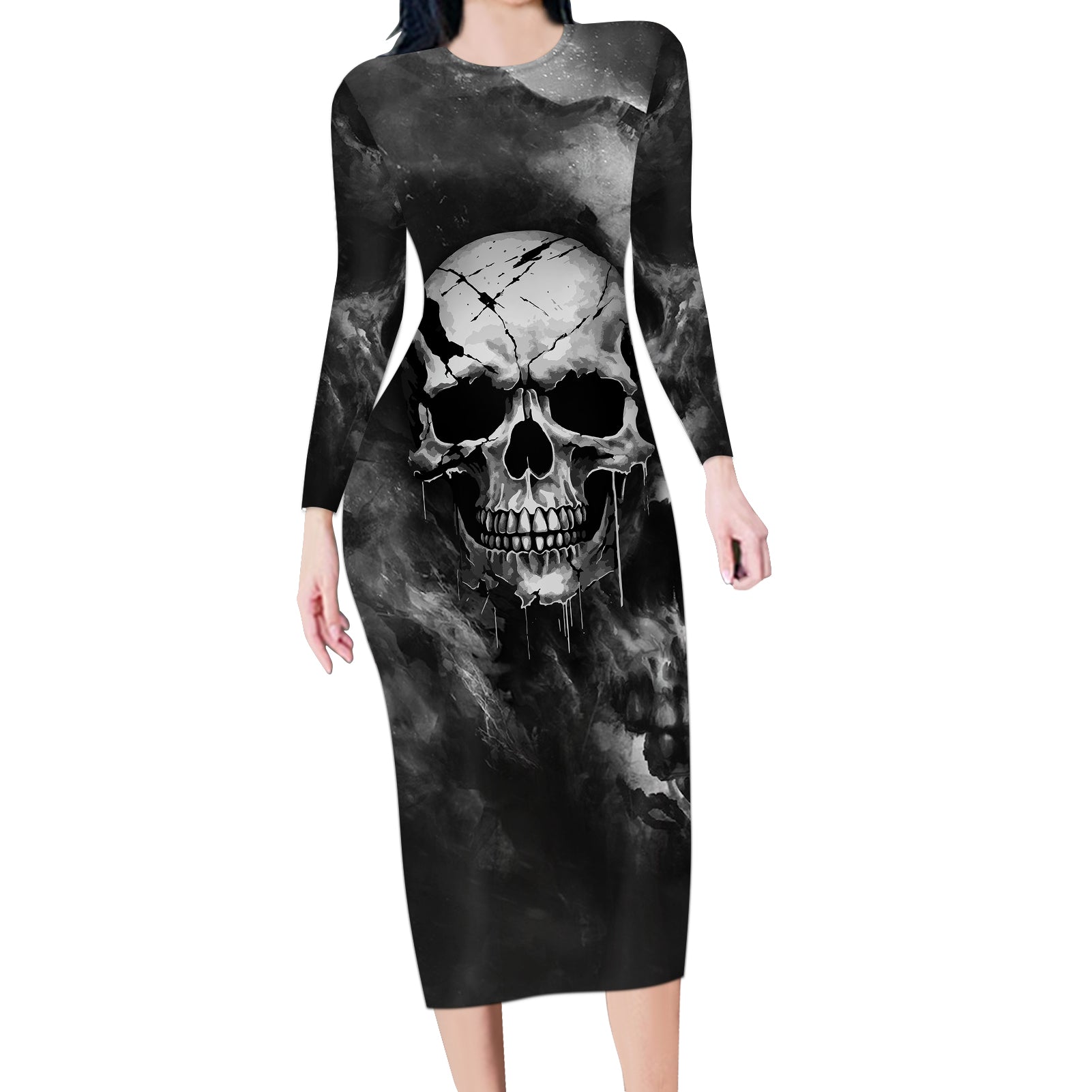 skull-grunge-pattern-long-sleeve-bodycon-dress-warning-im-an-asshole