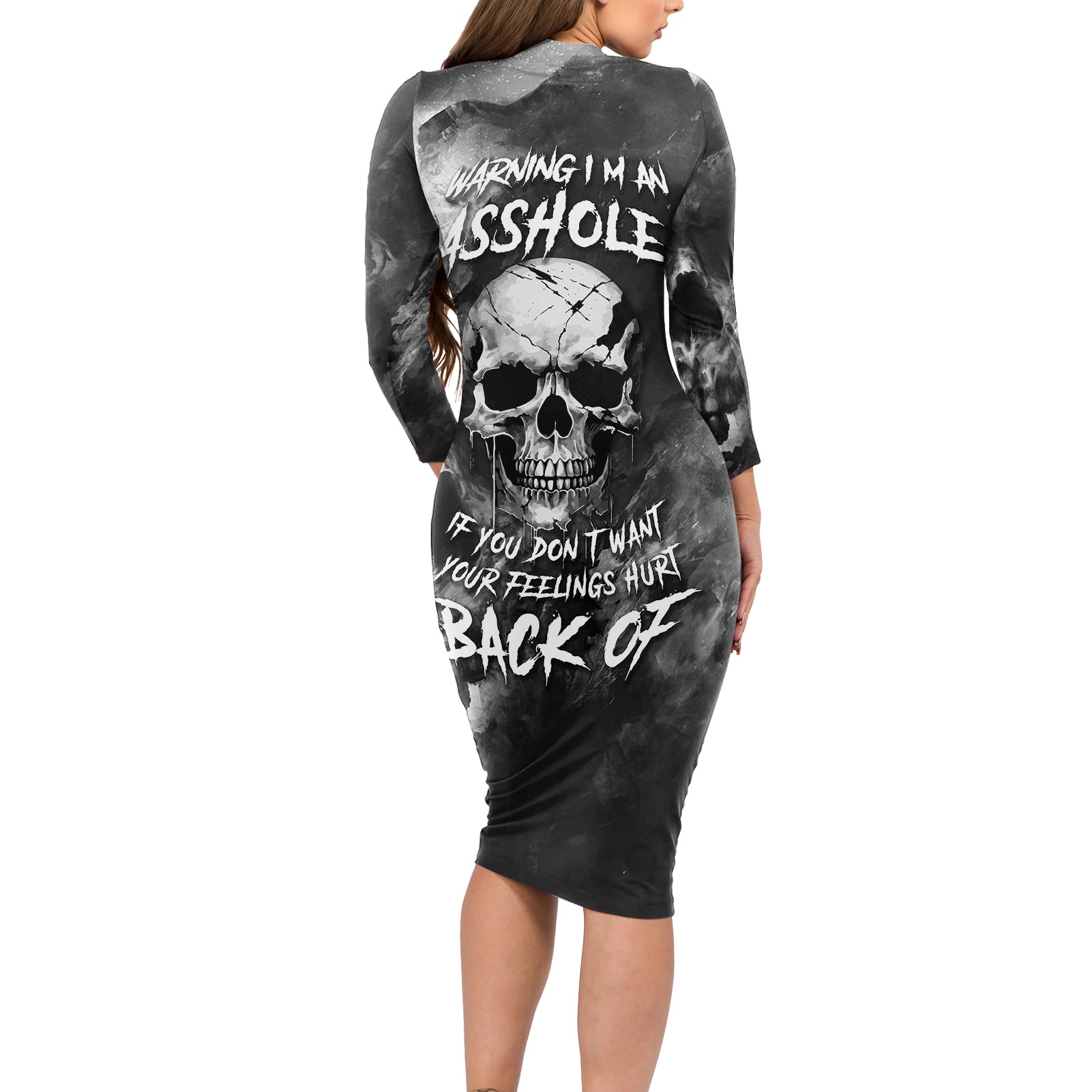skull-grunge-pattern-long-sleeve-bodycon-dress-warning-im-an-asshole