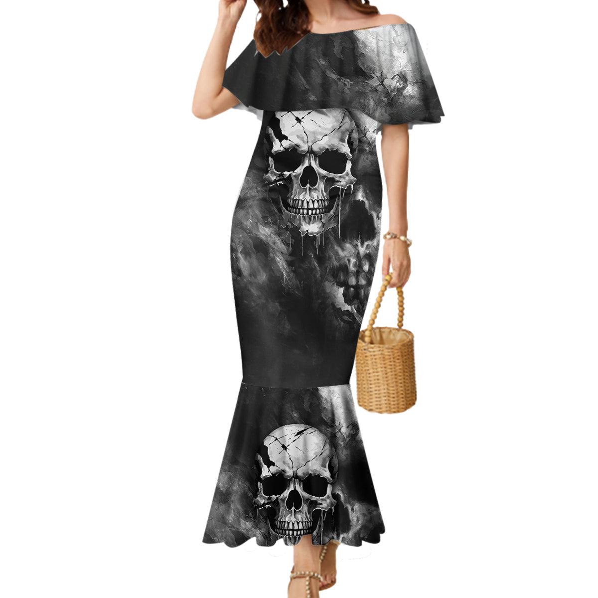 skull-grunge-pattern-mermaid-dress-warning-im-an-asshole