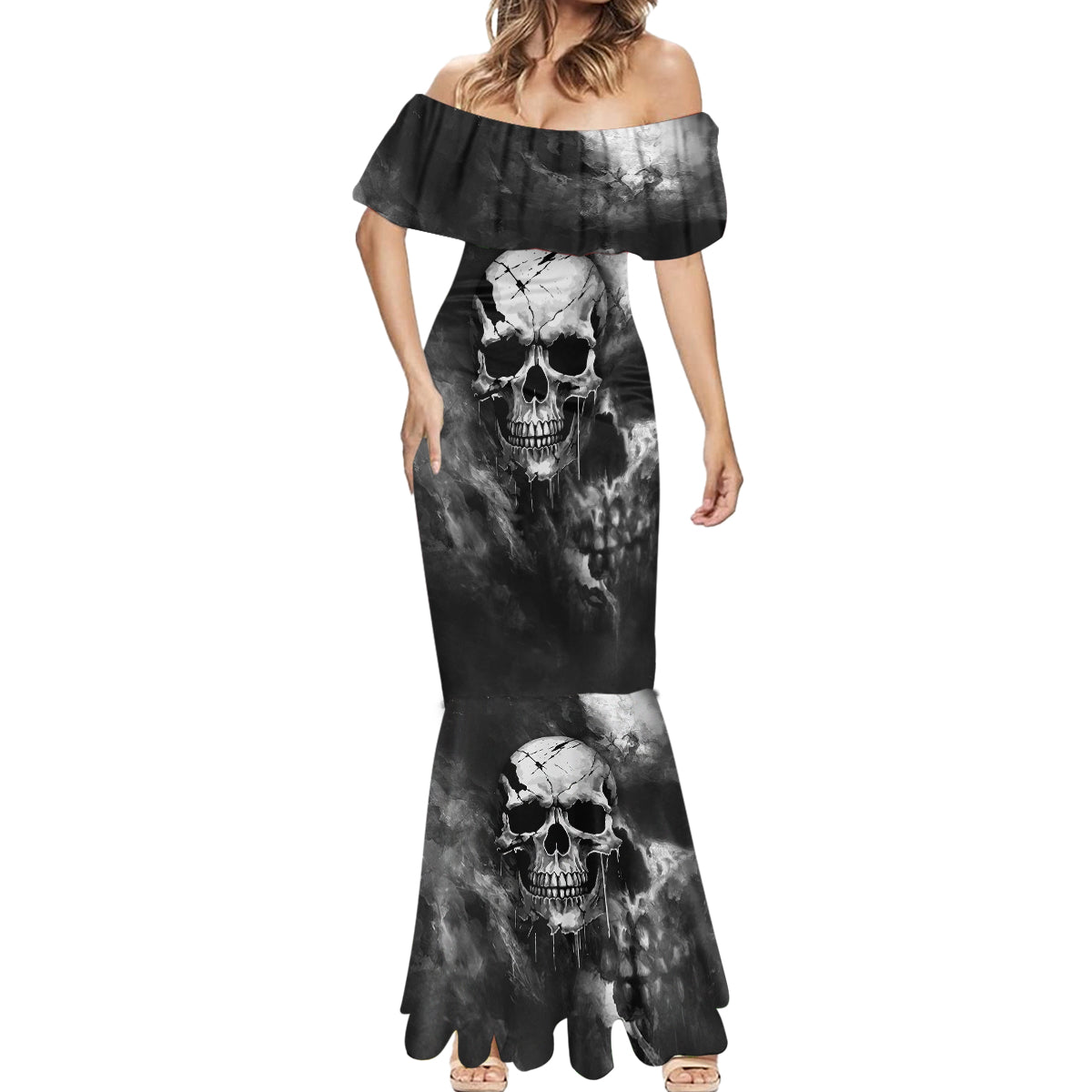 skull-grunge-pattern-mermaid-dress-warning-im-an-asshole