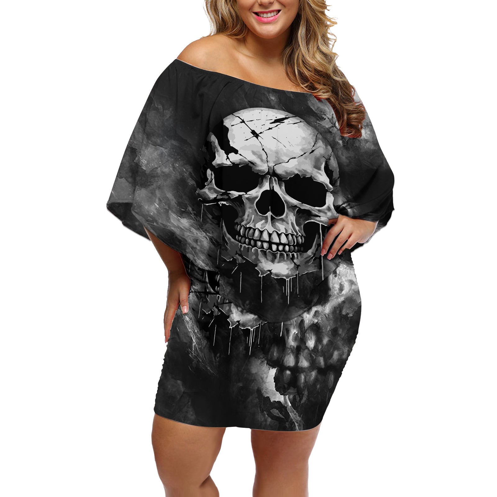 skull-grunge-pattern-off-shoulder-short-dress-warning-im-an-asshole