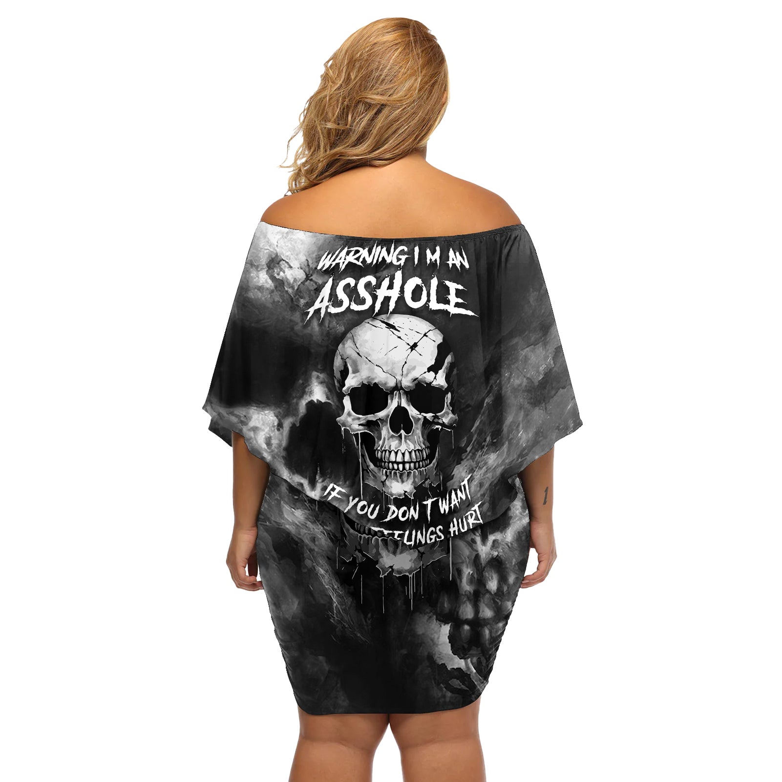 skull-grunge-pattern-off-shoulder-short-dress-warning-im-an-asshole