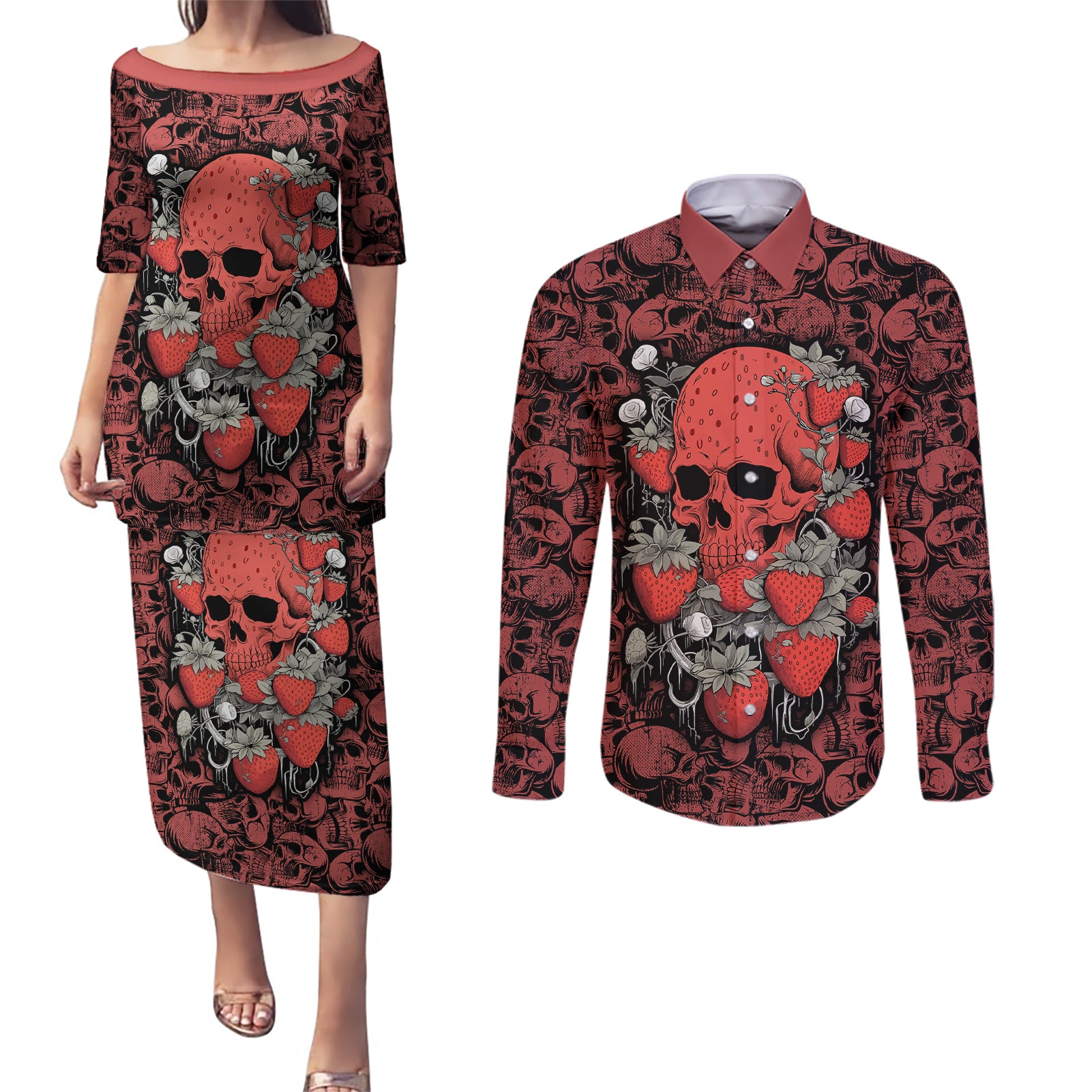 skull-pattern-couples-matching-puletasi-dress-and-long-sleeve-button-shirts-i-love-you-berry-much