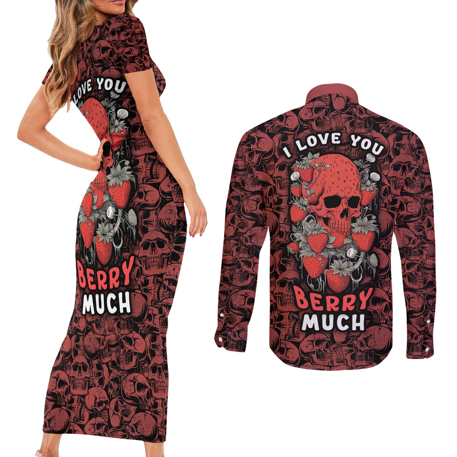 skull-pattern-couples-matching-short-sleeve-bodycon-dress-and-long-sleeve-button-shirts-i-love-you-berry-much