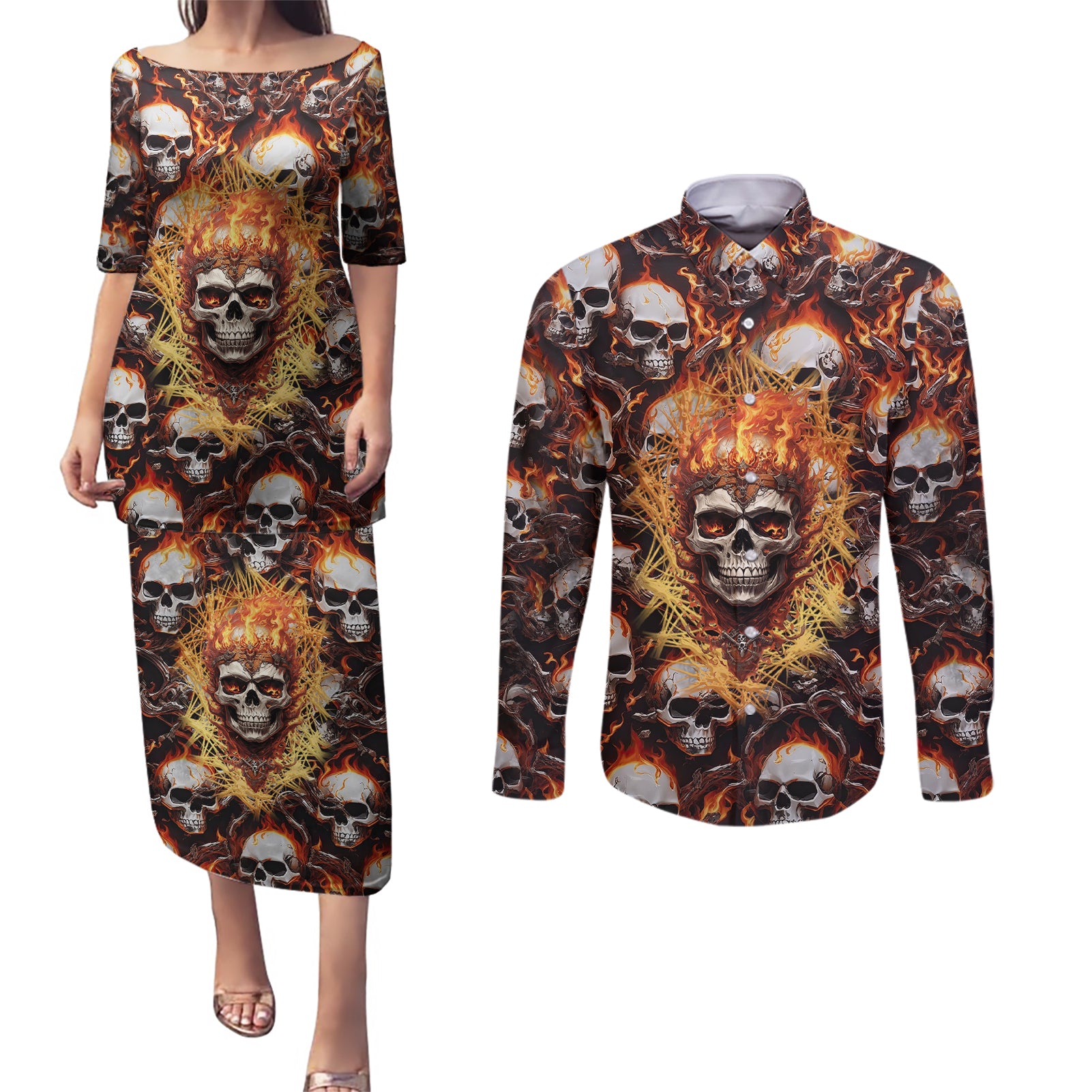 flaming-skull-couples-matching-puletasi-dress-and-long-sleeve-button-shirts-judge-me-when-youre-perfect-otherwise-shut-up