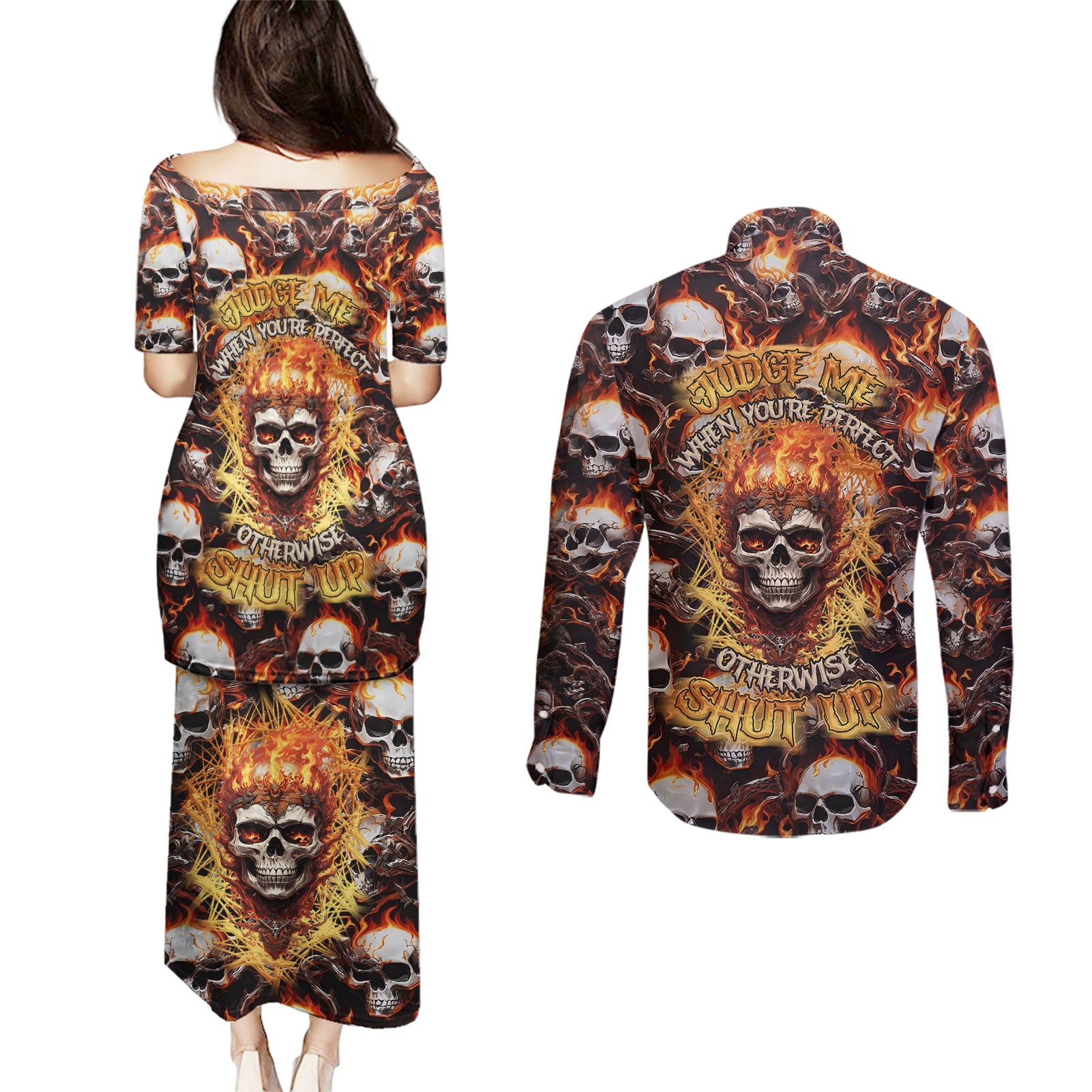 flaming-skull-couples-matching-puletasi-dress-and-long-sleeve-button-shirts-judge-me-when-youre-perfect-otherwise-shut-up