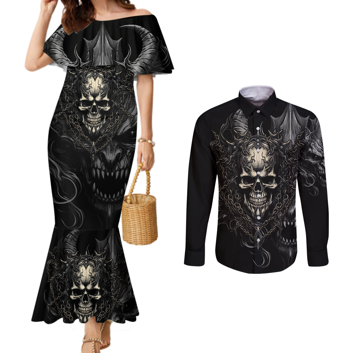 skull-demon-fantasy-couples-matching-mermaid-dress-and-long-sleeve-button-shirts-time-to-unleash-a-litte-hell