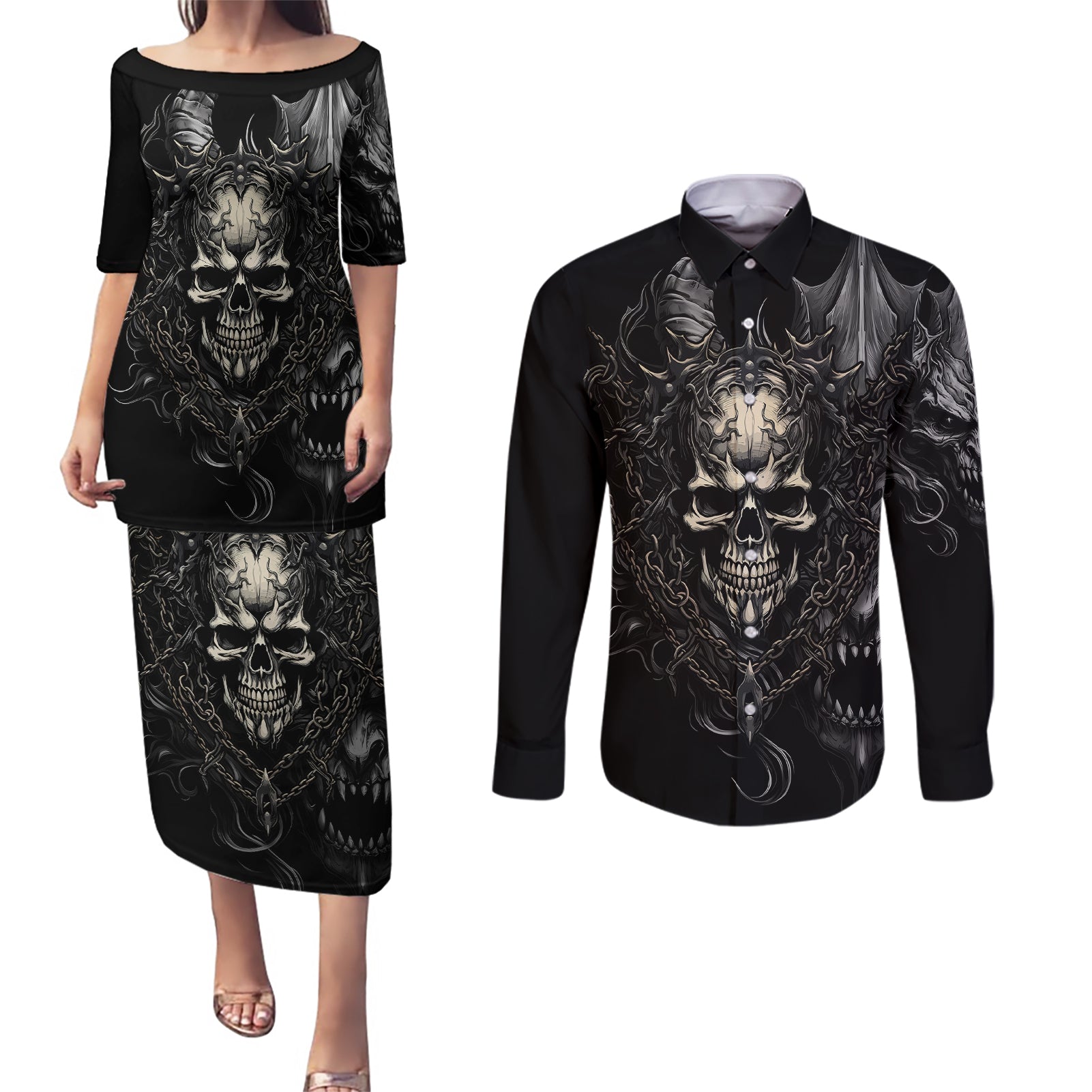 skull-demon-fantasy-couples-matching-puletasi-dress-and-long-sleeve-button-shirts-time-to-unleash-a-litte-hell