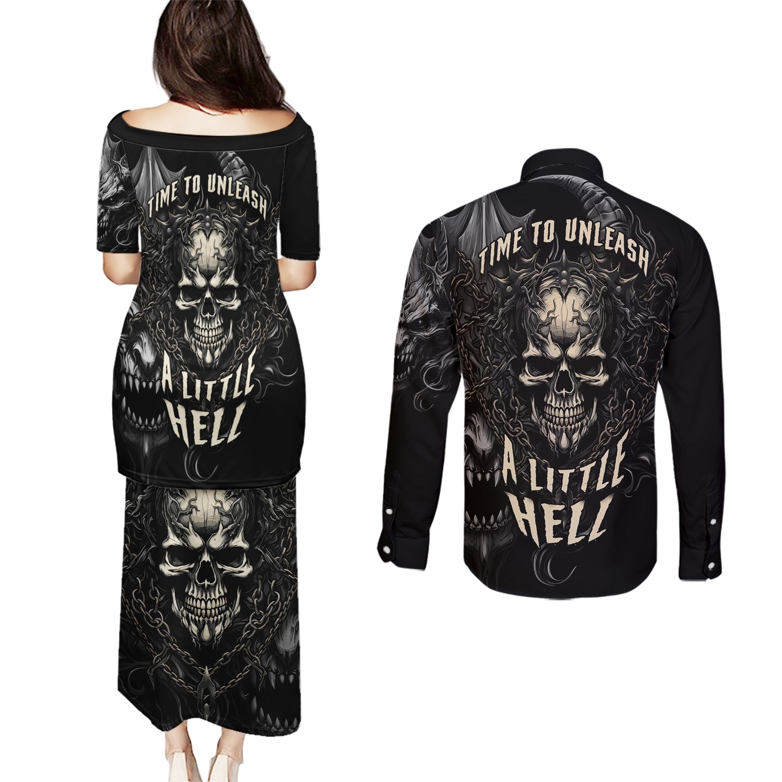 skull-demon-fantasy-couples-matching-puletasi-dress-and-long-sleeve-button-shirts-time-to-unleash-a-litte-hell