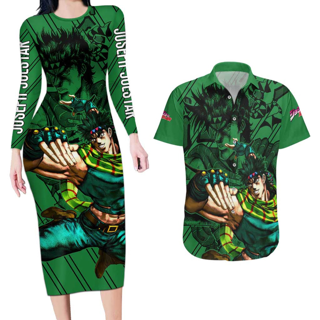 Joseph Joestar - JoJo's Bizarre Adventure Couples Matching Long Sleeve Bodycon Dress and Hawaiian Shirt Anime Mix Black Sketch Style