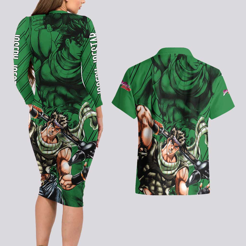 Joseph Joestar - JoJo's Bizarre Adventure Couples Matching Long Sleeve Bodycon Dress and Hawaiian Shirt Anime Mix Black Sketch Style