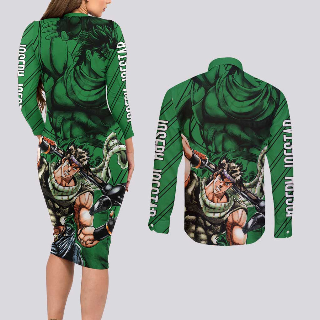 Joseph Joestar - JoJo's Bizarre Adventure Couples Matching Long Sleeve Bodycon Dress and Long Sleeve Button Shirt Anime Mix Black Sketch Style