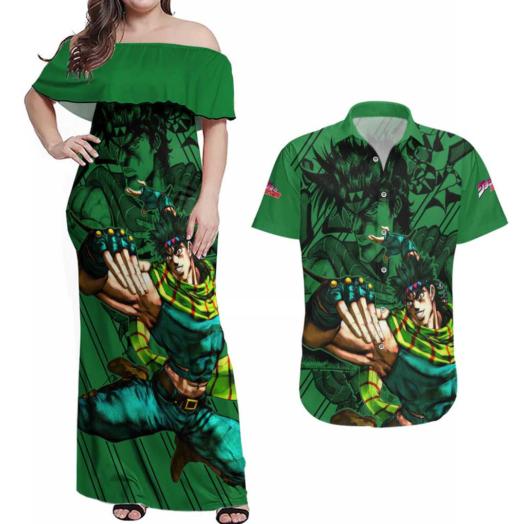 Joseph Joestar - JoJo's Bizarre Adventure Couples Matching Off Shoulder Maxi Dress and Hawaiian Shirt Anime Mix Black Sketch Style