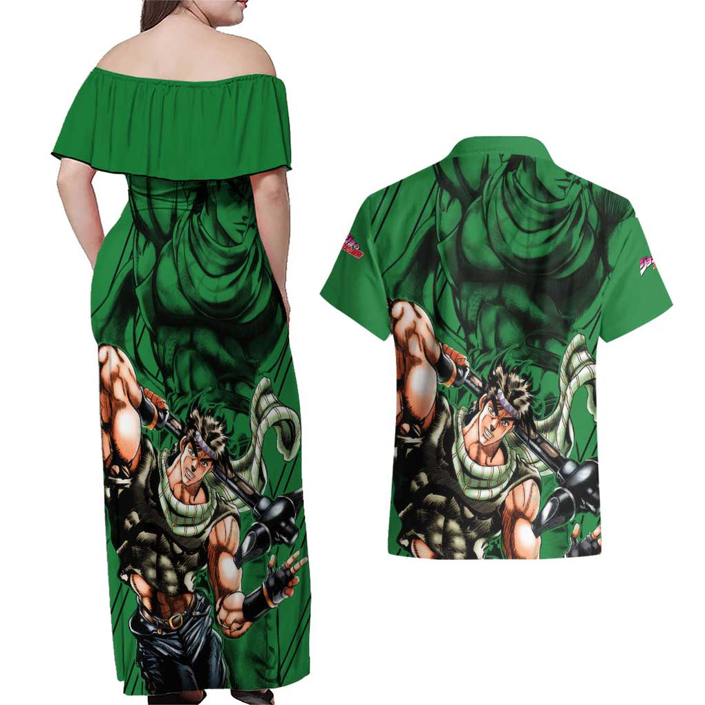 Joseph Joestar - JoJo's Bizarre Adventure Couples Matching Off Shoulder Maxi Dress and Hawaiian Shirt Anime Mix Black Sketch Style