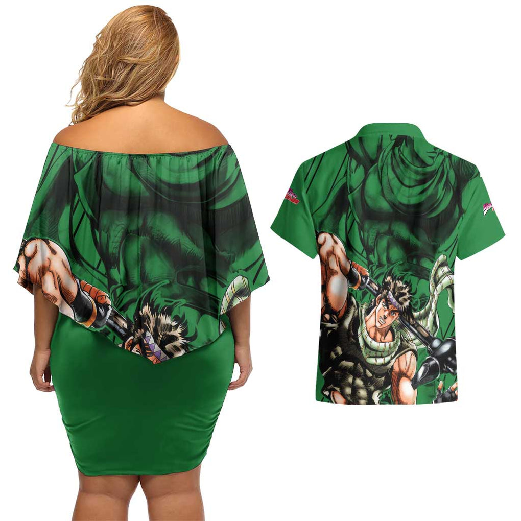 Joseph Joestar - JoJo's Bizarre Adventure Couples Matching Off Shoulder Short Dress and Hawaiian Shirt Anime Mix Black Sketch Style