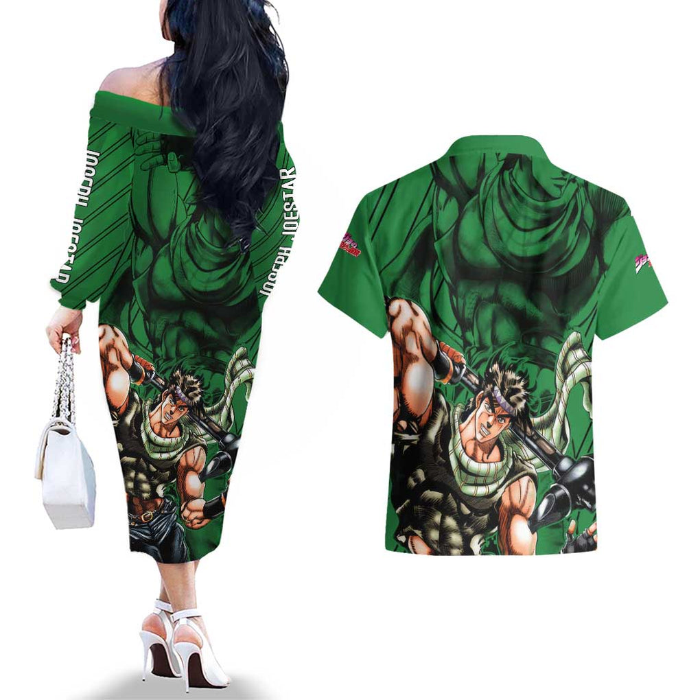 Joseph Joestar - JoJo's Bizarre Adventure Couples Matching Off The Shoulder Long Sleeve Dress and Hawaiian Shirt Anime Mix Black Sketch Style
