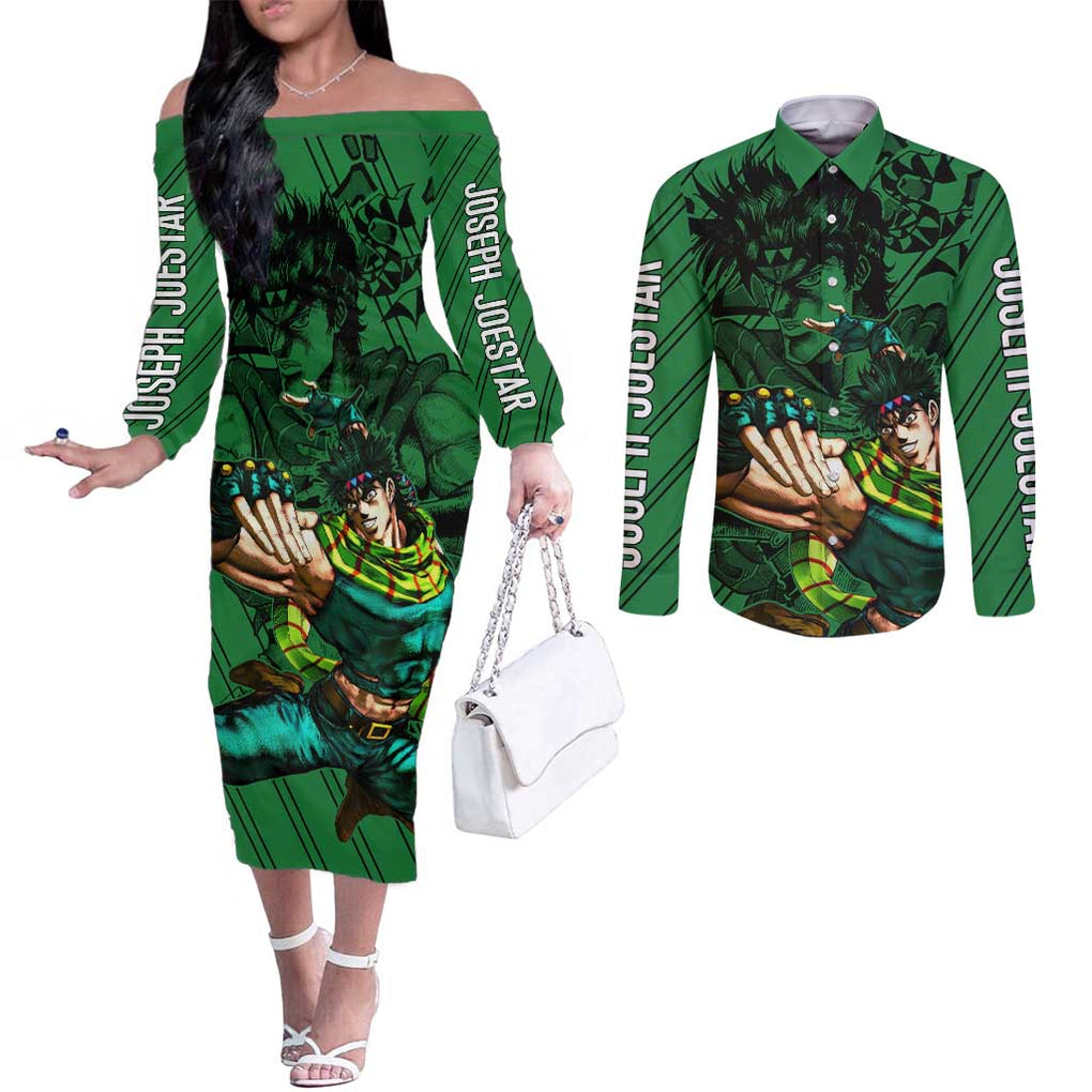 Joseph Joestar - JoJo's Bizarre Adventure Couples Matching Off The Shoulder Long Sleeve Dress and Long Sleeve Button Shirt Anime Mix Black Sketch Style