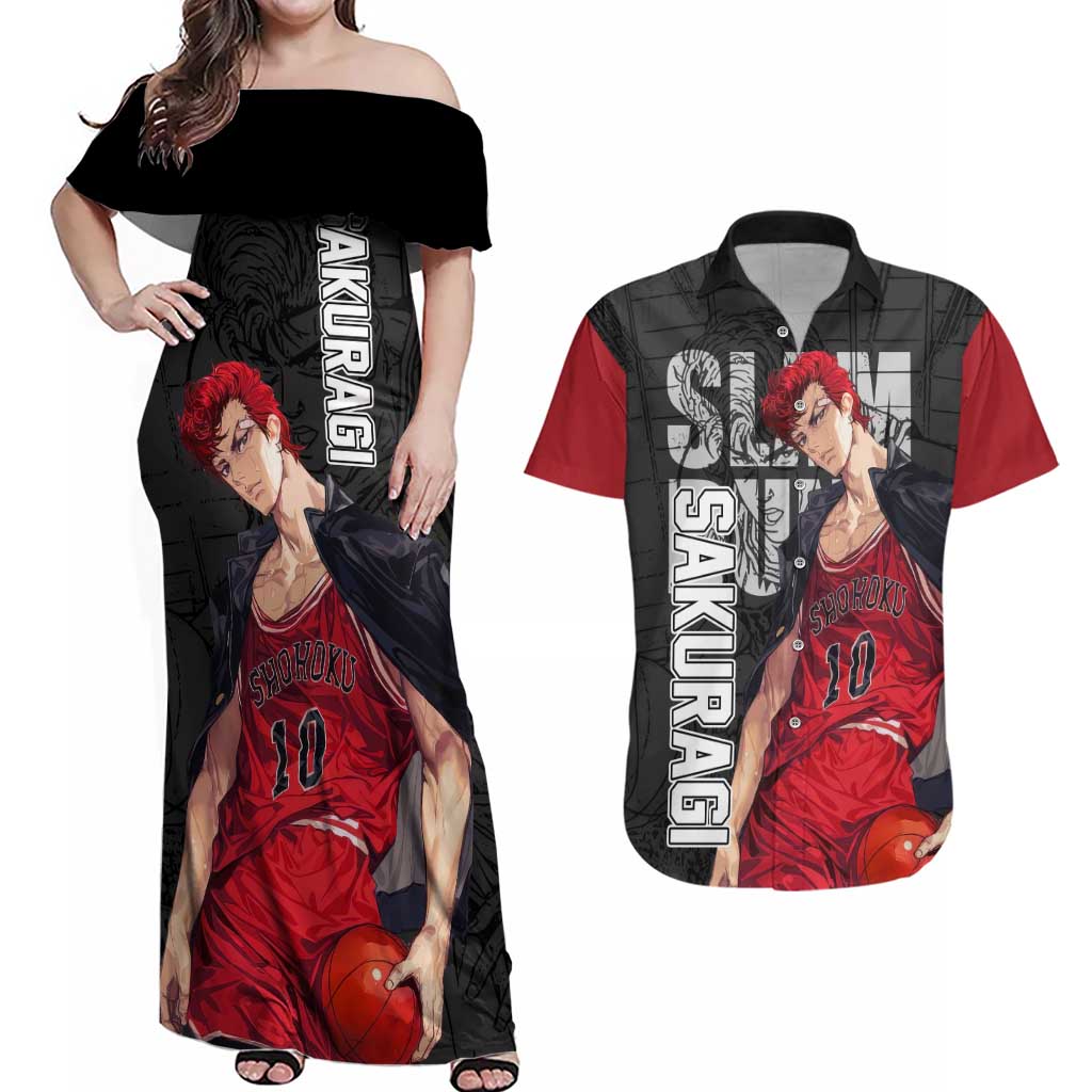 Sakuragi - Slam Dunk Couples Matching Off Shoulder Maxi Dress and Hawaiian Shirt Anime Style