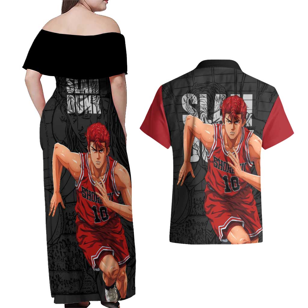Sakuragi - Slam Dunk Couples Matching Off Shoulder Maxi Dress and Hawaiian Shirt Anime Style