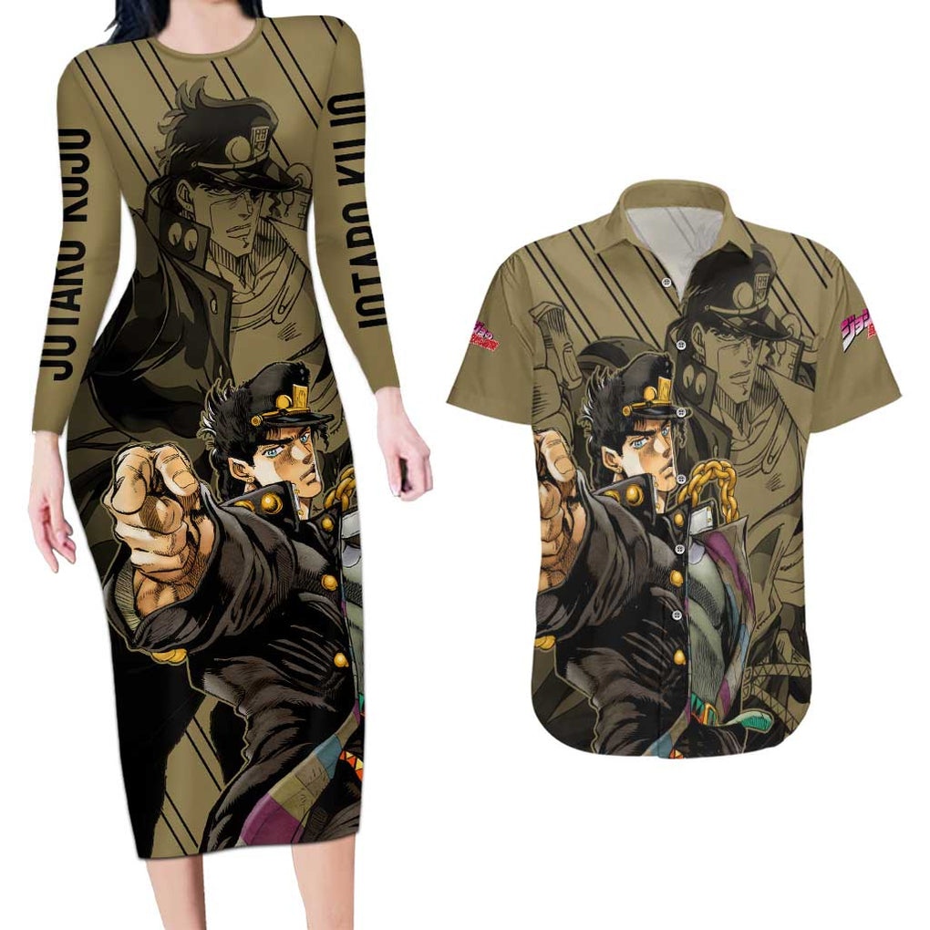 Jotaro Kujo - JoJo's Bizarre Adventure Couples Matching Long Sleeve Bodycon Dress and Hawaiian Shirt Anime Mix Black Sketch Style