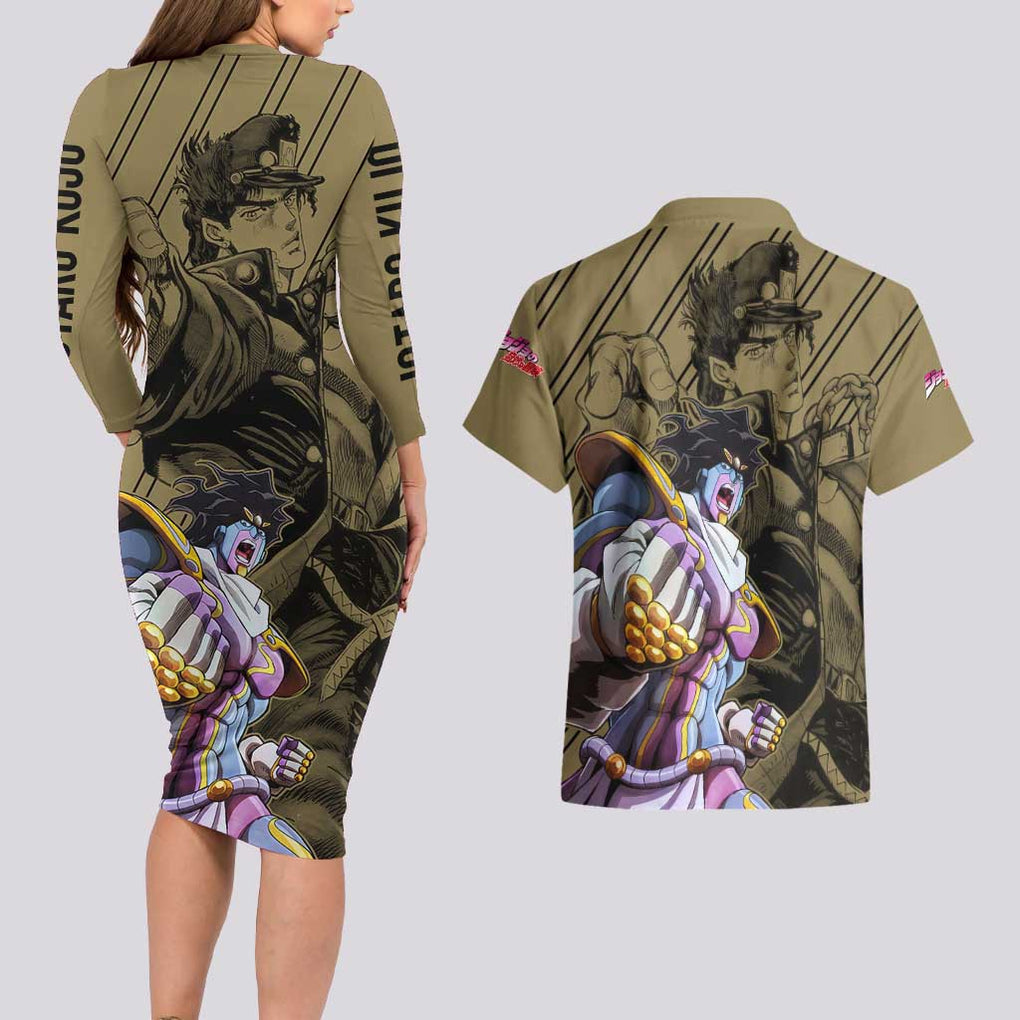 Jotaro Kujo - JoJo's Bizarre Adventure Couples Matching Long Sleeve Bodycon Dress and Hawaiian Shirt Anime Mix Black Sketch Style