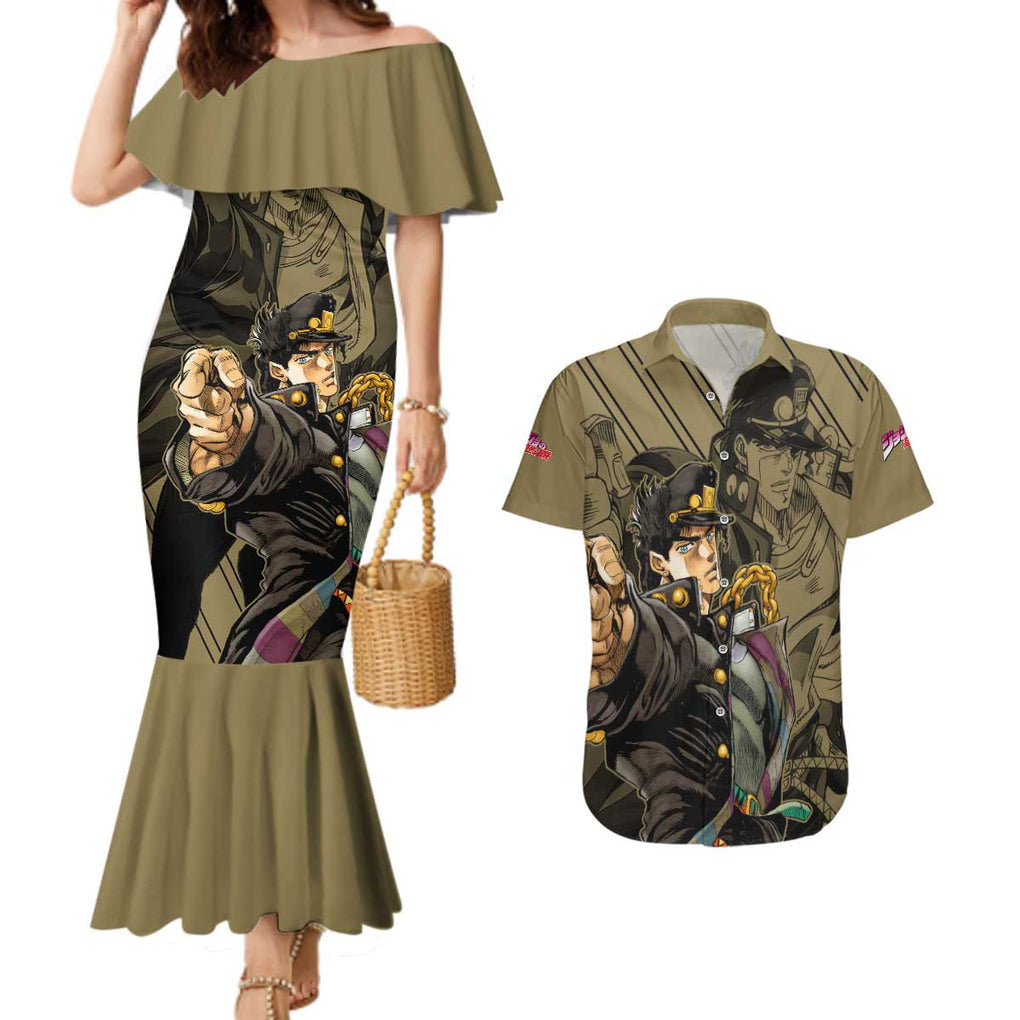 Jotaro Kujo - JoJo's Bizarre Adventure Couples Matching Mermaid Dress and Hawaiian Shirt Anime Mix Black Sketch Style