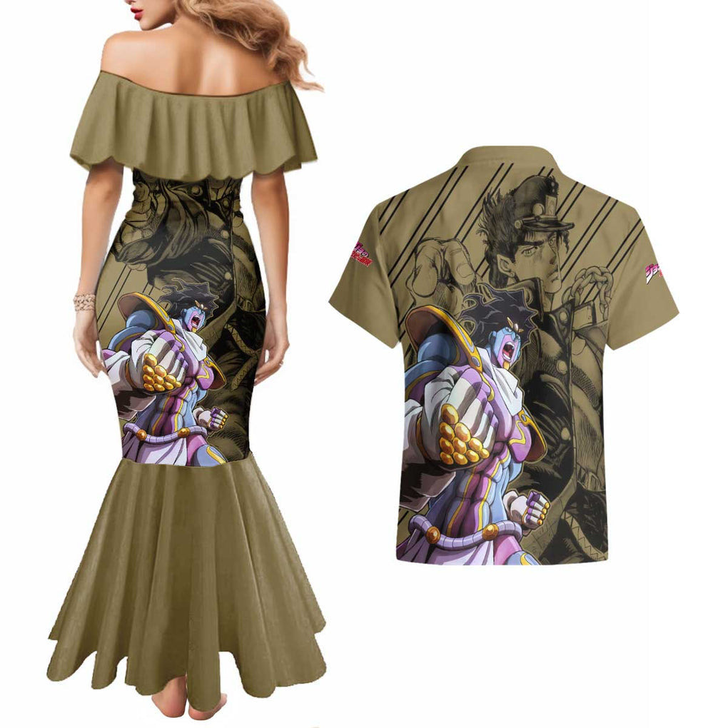 Jotaro Kujo - JoJo's Bizarre Adventure Couples Matching Mermaid Dress and Hawaiian Shirt Anime Mix Black Sketch Style