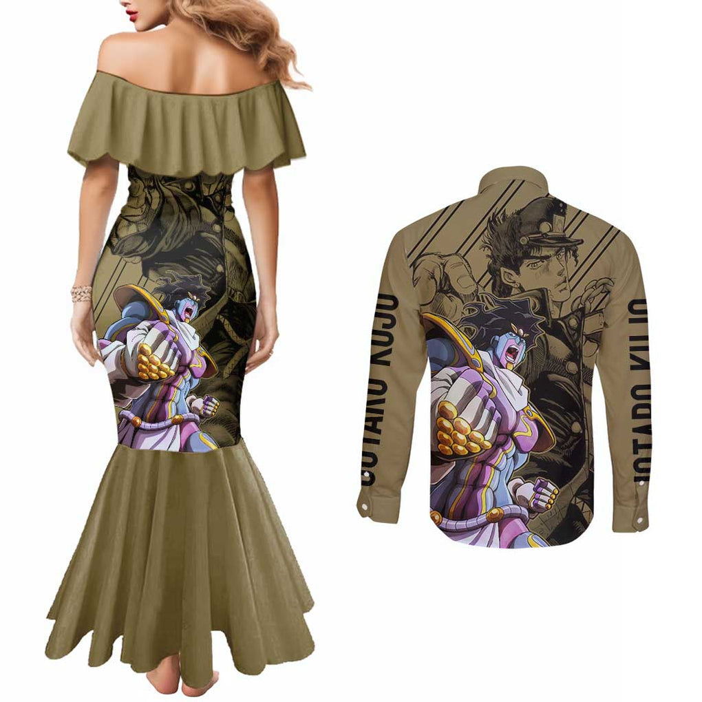 Jotaro Kujo - JoJo's Bizarre Adventure Couples Matching Mermaid Dress and Long Sleeve Button Shirt Anime Mix Black Sketch Style