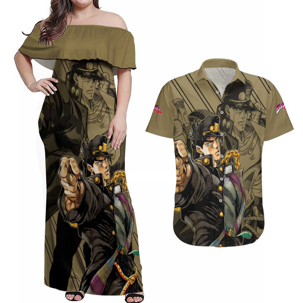 Jotaro Kujo - JoJo's Bizarre Adventure Couples Matching Off Shoulder Maxi Dress and Hawaiian Shirt Anime Mix Black Sketch Style