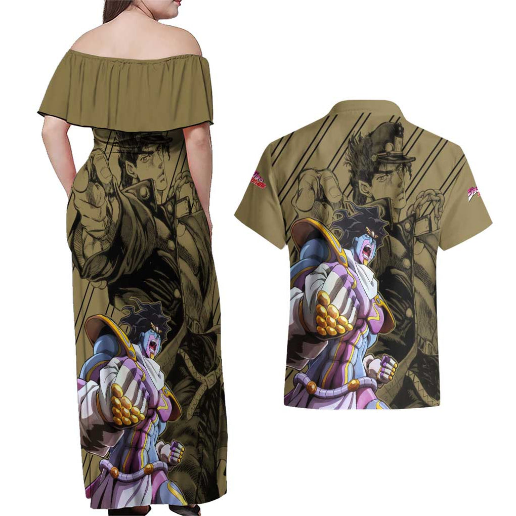 Jotaro Kujo - JoJo's Bizarre Adventure Couples Matching Off Shoulder Maxi Dress and Hawaiian Shirt Anime Mix Black Sketch Style