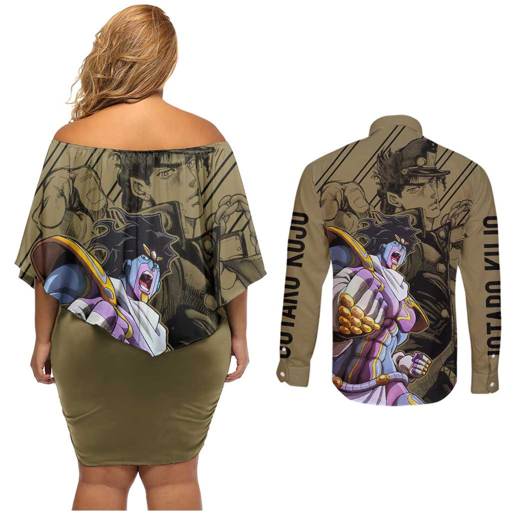 Jotaro Kujo - JoJo's Bizarre Adventure Couples Matching Off Shoulder Short Dress and Long Sleeve Button Shirt Anime Mix Black Sketch Style