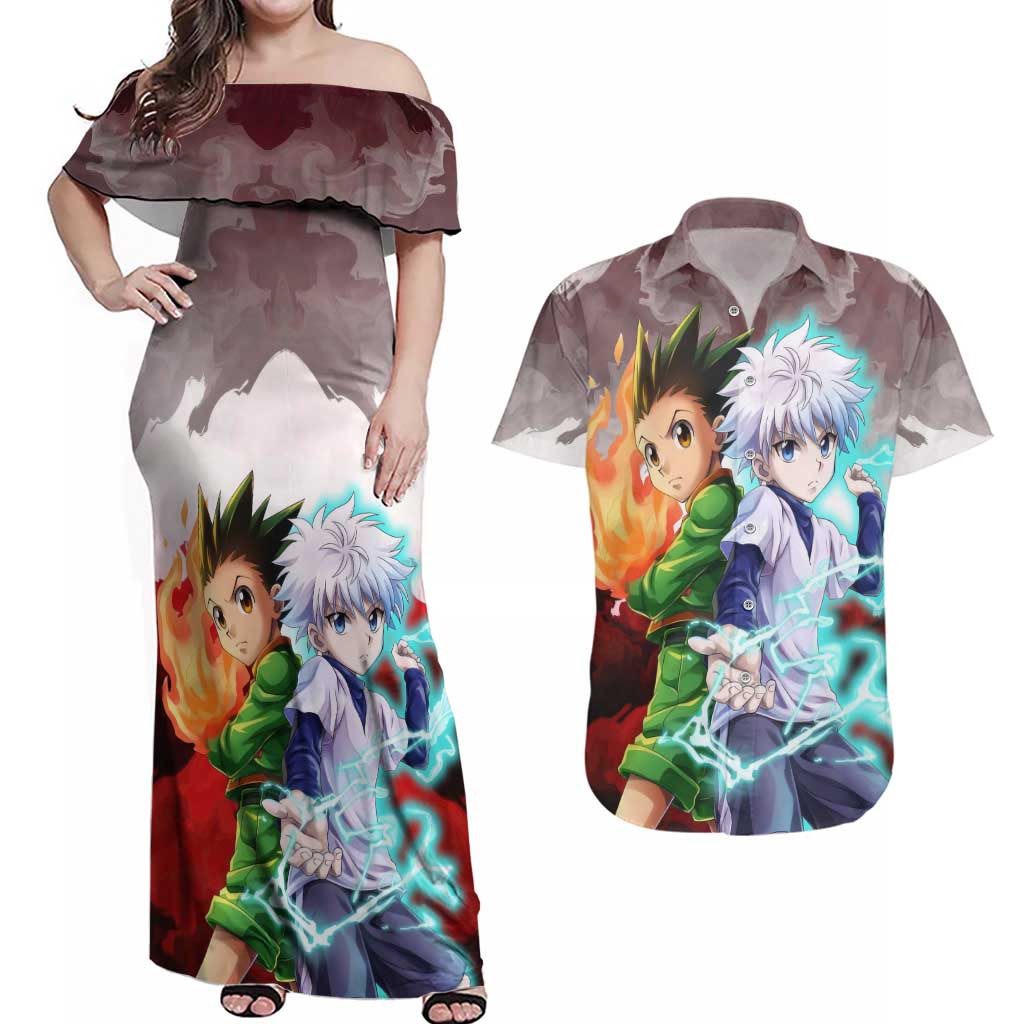 Power Duo Gon & Killua Hunter X Hunter Couples Matching Off Shoulder Maxi Dress and Hawaiian Shirt Anime Style